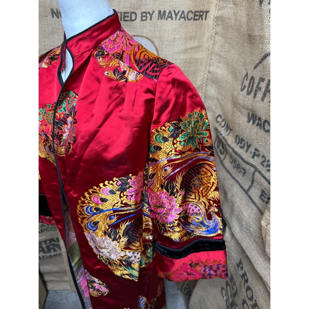 VTG Red Chinese Brocade Phoenix Dragon Maxi Robe Duster Mandarin Collar Velvet - Picture 5 of 8